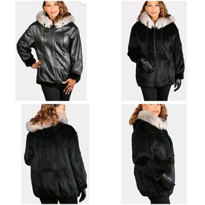 Woman's Dyed Black Sheared Mink Fur Parka Reversing to Black Leather M/L